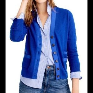 J. Crew Woman's Merino Wool Cardigan Ribbon Trim Pockets Royal Blue Color